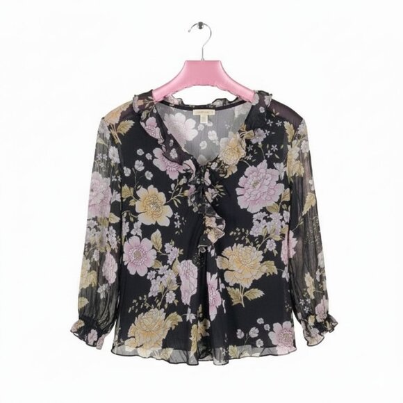 Vtg 90s Silk Beaded Blouse L Whimsigoth Fairy Floral Coquette Cottagecore Sheer - Picture 3 of 12